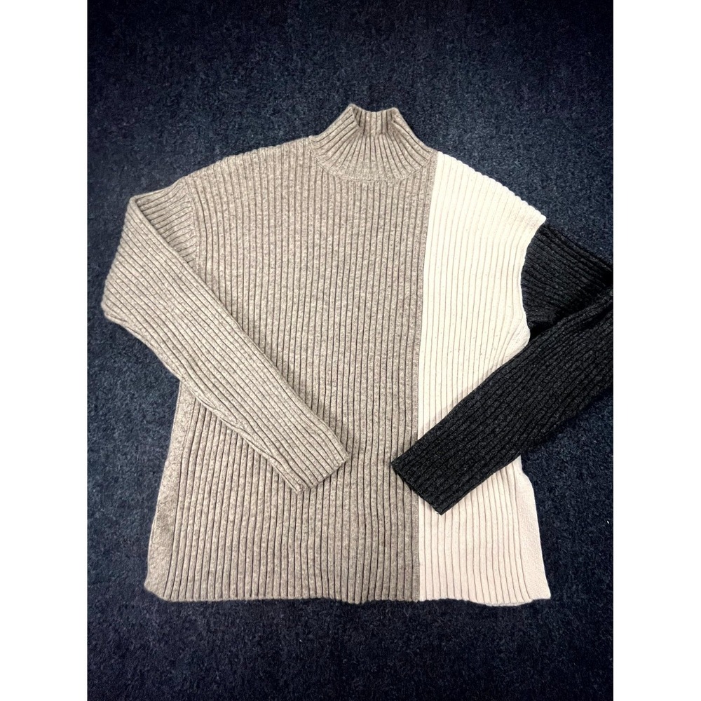 Bohme Sweater Womens XL Beige Black Colorblock Knit Ribbed‎ Mock Neck Winter